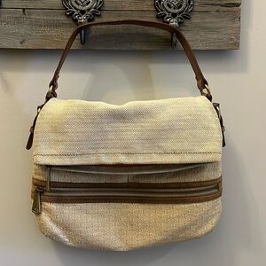 Fossil Explorer Bag Foldover Flap Canvas & Leather Zip Top Magnetic Closure